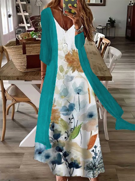 

3/4 Sleeves Floral V Neck Plus Size Casual Dress With Coat, Multicolor, Maxi Dresses