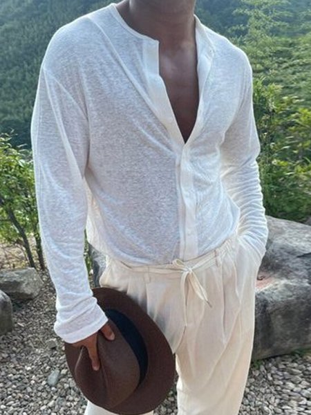 

Men's Vintage Cotton Linen Long Sleeve Shirt, White, Shirts ＆ Blouse