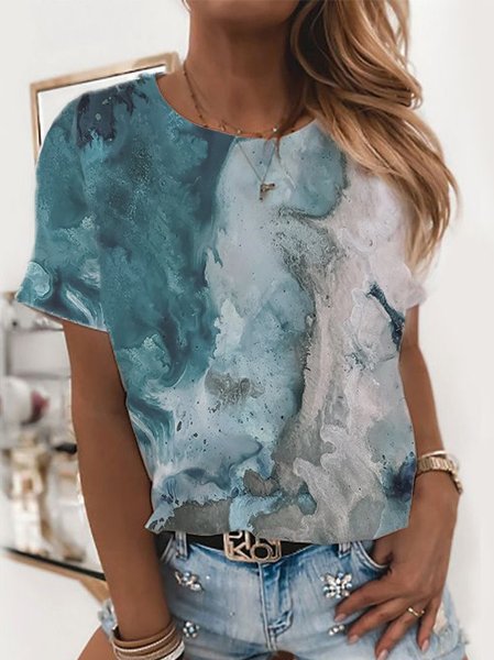 

Crew Neck Abstract Printed Short Sleeve T-Shirt, Blue, T-Shirts