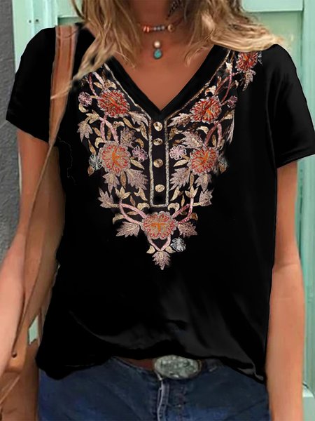 

Cotton Blends Floral Regular Fit Short Sleeve T-Shirt, Black, T-Shirts