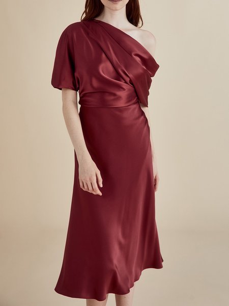 

Regular Fit One Shoulder Short Sleeve Woven Dress, Wine red, Midi Dresses