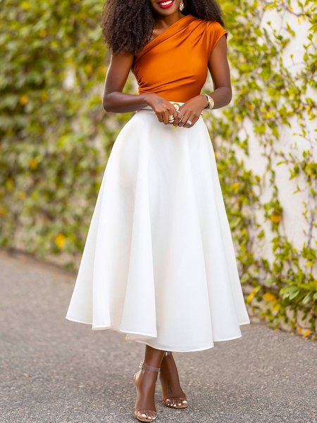 

Asymmetrical Neck Regular Fit Short Sleeve Woven Midi Dress, Orange, Maxi Dresses