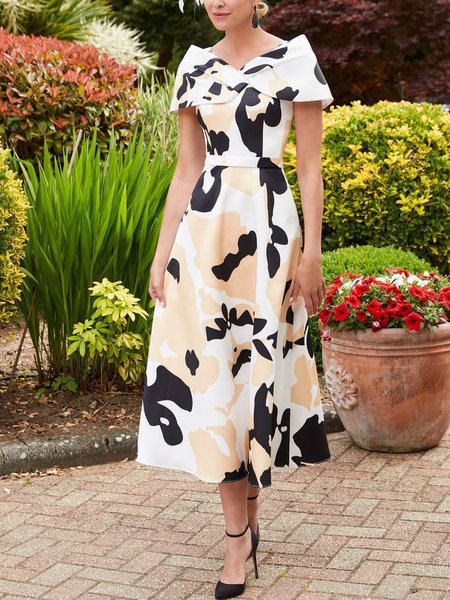 

Elegant V Neck Short Sleeve Regular Fit Midi Dress, Multicolor, Midi Dresses