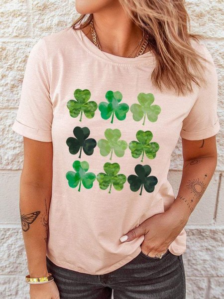 

Shamrock Printed Crew Neck Casual LoosenShort Sleeve T-Shirt, Pink, T-Shirts