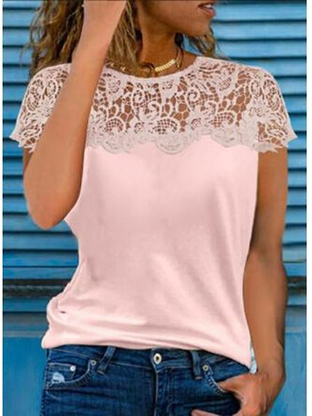 

Casual Crew Neck Cotton Blends Short Sleeve T-Shirt, Pink, Tees & T-shirts
