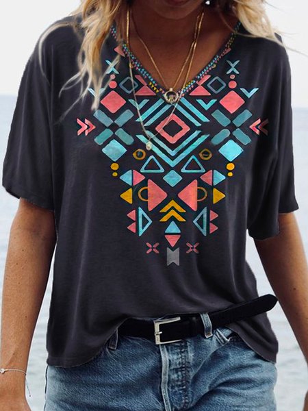 

Casual Cotton Blends V Neck Short Sleeve T-Shirt, As picture, T-Shirts