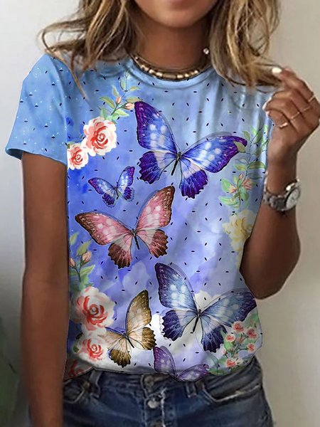 

Butterfly Casual Loosen Short Sleeve T-Shirt, Blue, T-Shirts