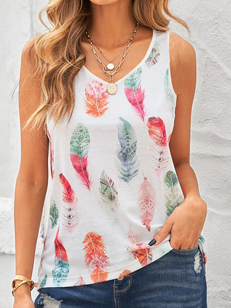

Colorful Feather Vacation Vest Feather Boho Loosen Knit Tank, White, Tanks & Camis