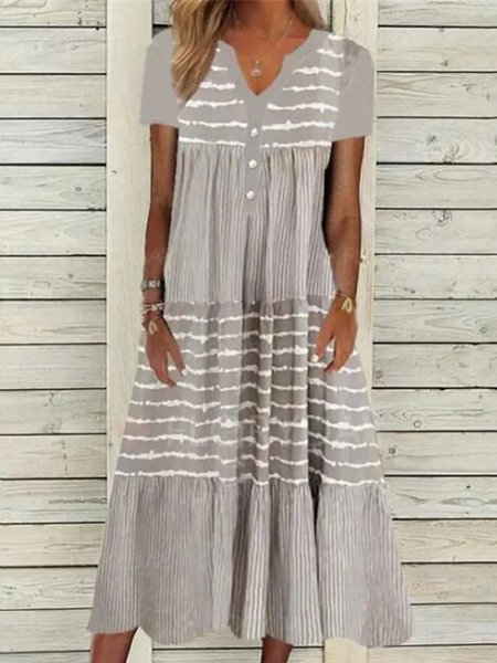 

Casual V Neck Short Sleeve Knit Dress, Gray, Midi Dresses