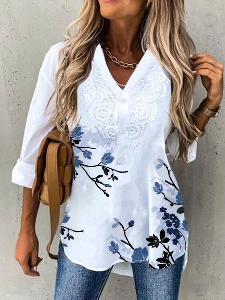 

V Neck Loosen Floral Long Sleeve Tops, White, Tops