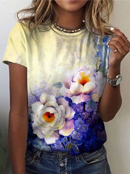 

Round Neck Casual Short Sleeve T-Shirt, Multicolor, T-Shirts