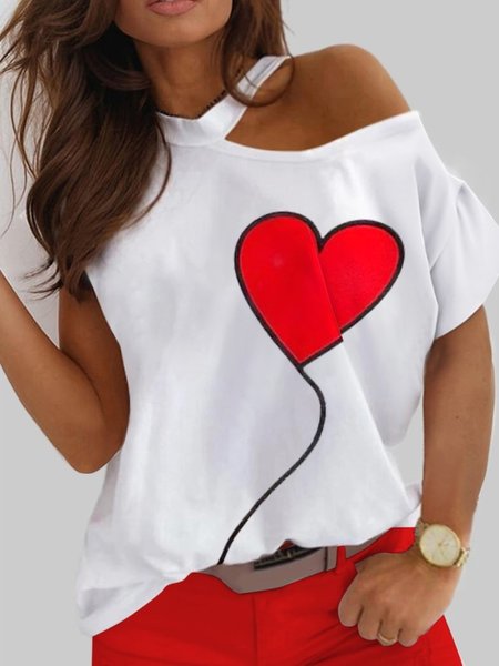 

Casual Heart Short Sleeve Round Neck Plus Size Printed Tops T-shirts, White, T-Shirts