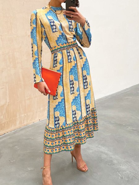 

Vacation Slim Fit Long Sleeve Crew Neck Printed Dress, Yellow, Maxi Dresses