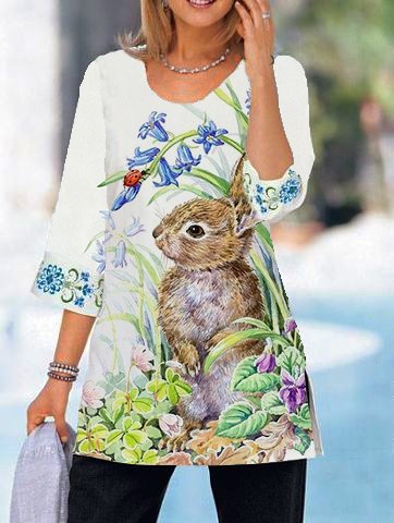 

Crewneck Loose Easter Bunny Print Top, White, T-Shirts