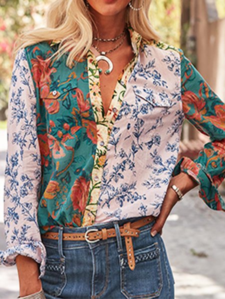 

Loosen Shirt Collar Floral Long Sleeve Blouse, Green, Blouses & Shirts
