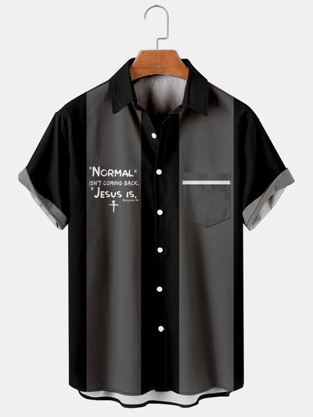 

Casual Style Festival Series Jesus English Element Lapel Short-Sleeved Printed Shirt Top, Black, Men's Floral shirt
