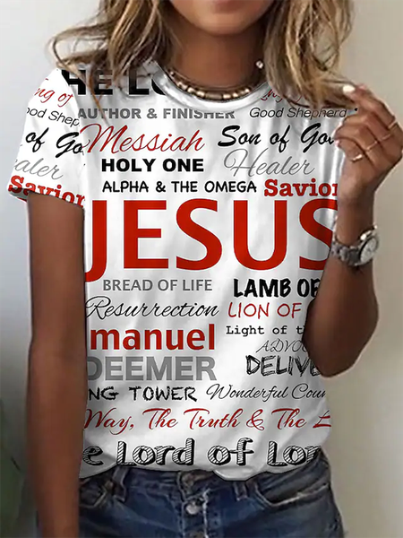 Letter Crew Neck Casual Short Sleeve T-Shirt, White, T-Shirts