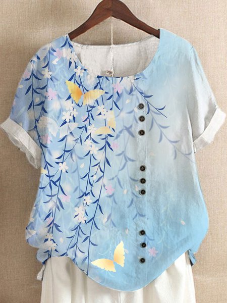 

Daily home butterfly flower leaf gradient nail button loose top T-shirt Plus Size, Blue, T-Shirts