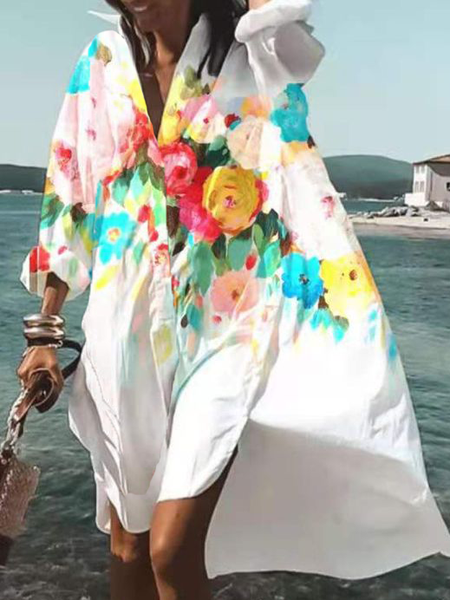 

Floral Long Sleeve Woven Dress, White, Mini Dresses