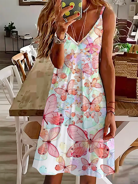 

Plus size Butterfly Printed Spaghetti Dress, Multicolor, Mini Dresses