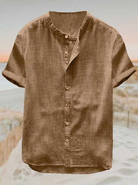 

Cotton Linen Casual Short Sleeve Shirt Men, Khaki, Shirt