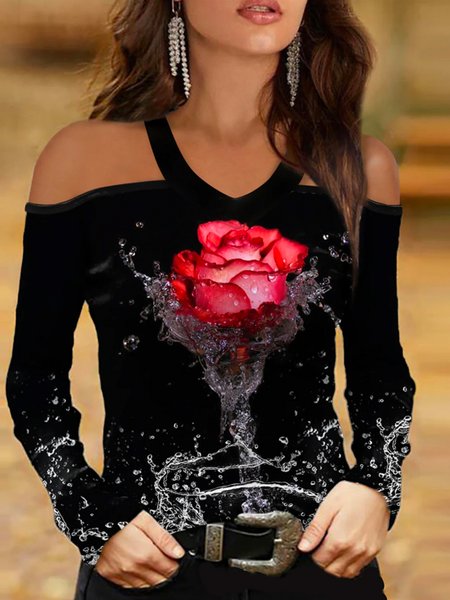 

Casual Regular Fit Halter Long Sleeve T-Shirt, Black, T-Shirts