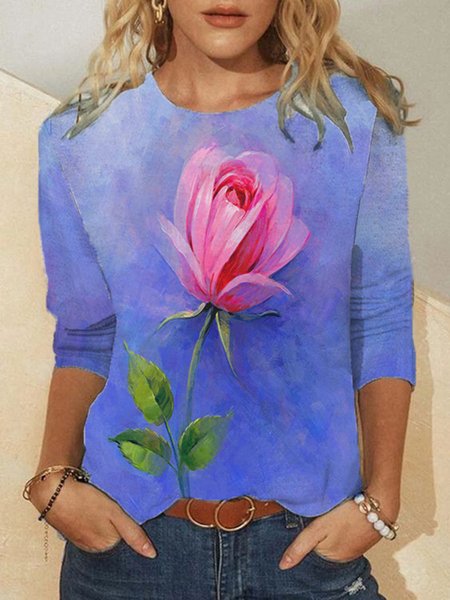 

Floral Casual Round Neck Long Sleeve T-Shirt, Blue, T-Shirts