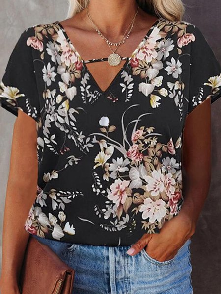 

Casual Floral Short Sleeve T-Shirt, Black, T-Shirts