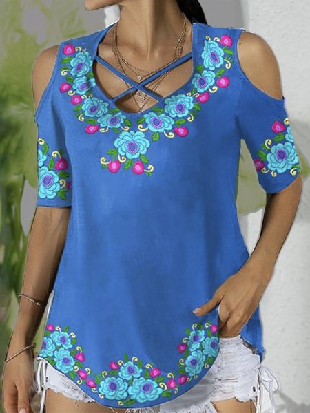 

Floral Tribal Printed Boho Tribal Loosen Cross Hollow Out Short Sleeve T-Shirt, Blue, T-Shirts
