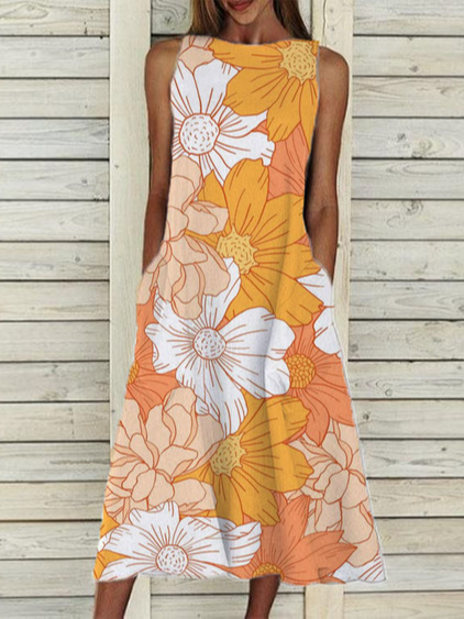 

Floral Casual Crew Neck Short Sleeve Women Dress, Orange, Dresses