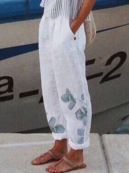 

Casual Plants Print Linen Pants, White, Pants