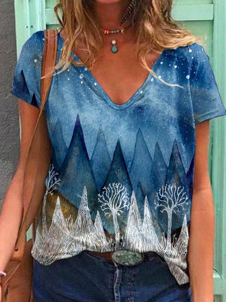 

Casual Landscape Print Short Sleeve T-Shirt, Blue, T-Shirts
