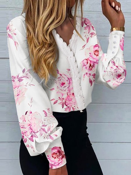 

Casual V Neck Long Sleeve Blouse, White, Blouses & Shirts