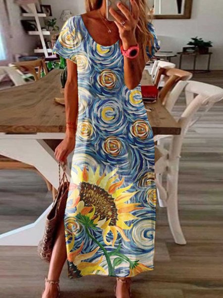

Loosen Crew Neck Floral Vacation Dresses, Multicolor, Boho dresses