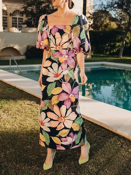 

Floral Regular Fit Square Neck Woven Dress, Multicolor, Maxi Dresses