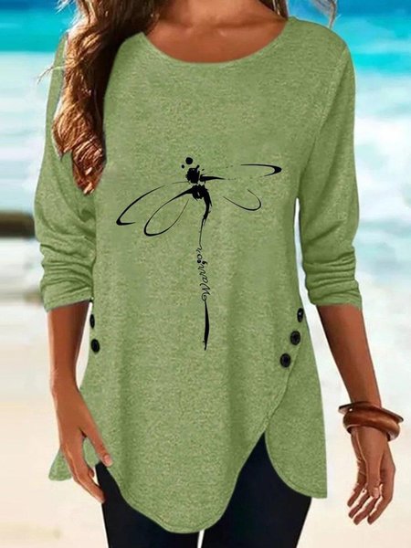 

Dragonfly Printed Long Sleeve Crew Neck Plus Size Casual Tops, Green, T-Shirts