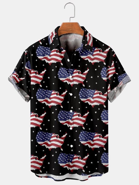 

Casual Style Culture Series American Flag Element Lapel Short-Sleeved Printed Shirt Top, As picture, Men's Floral shirt