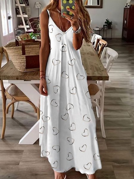 

Casual V Neck Heart Short Sleeve Knit Dress, White, Maxi Dresses