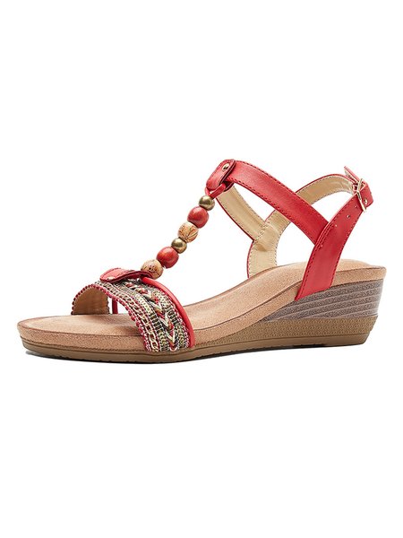 Buy Boho Ethnic Beaded Woven Pattern Wedge Sandals, Zolucky, Red