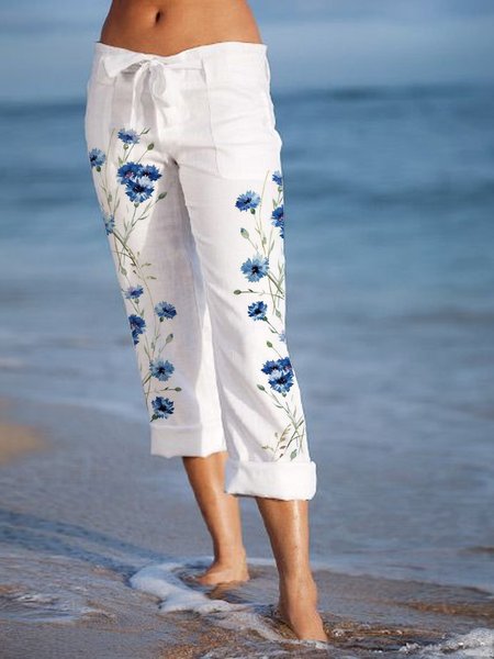 

Cotton Blends Casual Floral Pants, White, Pants