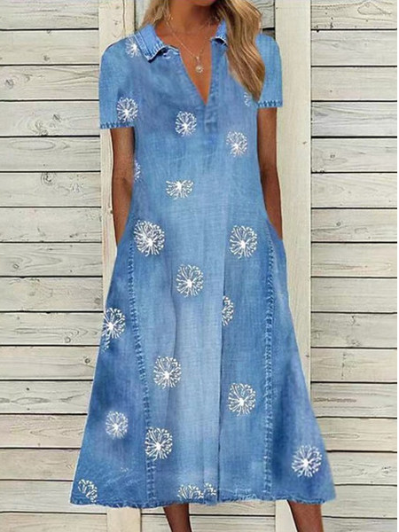 

Floral Casual V Neck Short Sleeve Knit Dress, Blue, Dresses