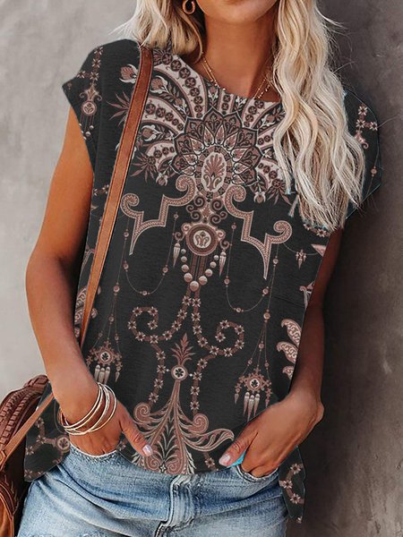 

Vacation Casual Tribal Printed Regular Fit Short Sleeve V neck T-Shirts, Black, T-Shirts