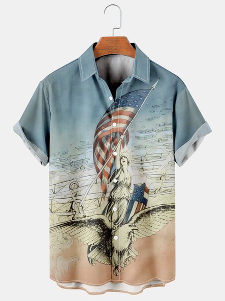 

Casual Style Culture Series American National Flag Element Lapel Short-Sleeved Printed Shirt Top, Multicolor, Men's Floral shirt
