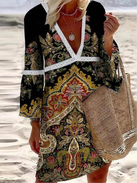 

Tribal Loosen V Neck Long Sleeve Woven Dress, Black, Mini Dresses