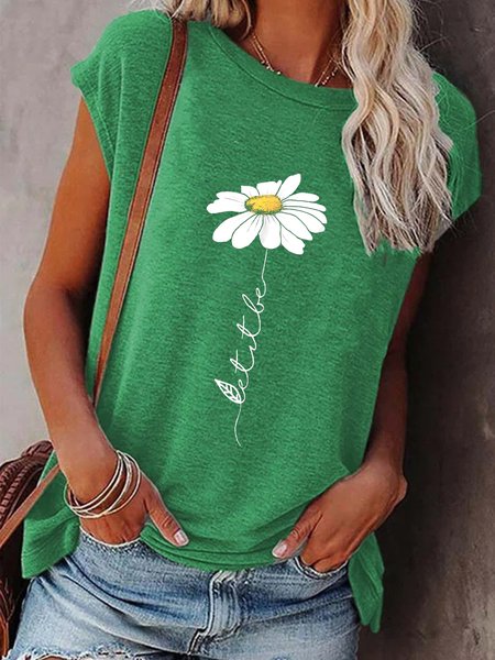 

Let It Be Daisy Short Sleeves Crew Neck Plus Size Casual Tops, Green, T-Shirts