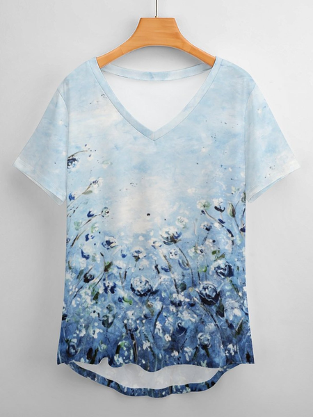 

Casual Floral Gradient Print V-Neck T-Shirt, As picture, T-shirts