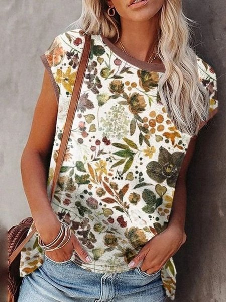 

Casual Floral Short Sleeve Round Neck Plus Size Printed Tops T-shirts, Multicolor, T-Shirts