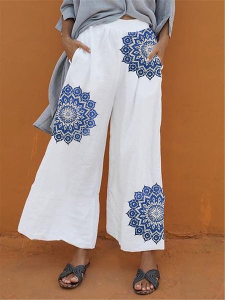 

Casual Loosen Floral Cotton Blends Pants, White, Pants