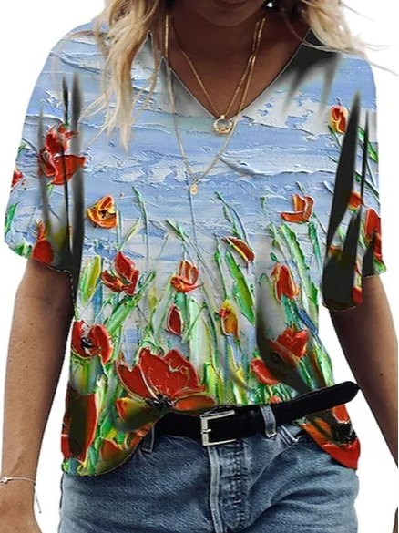 

V Neck Cotton Blends Floral Short Sleeve T-Shirt, Blue, T-Shirts