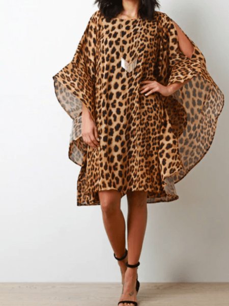 

Spring Crew Neck Loosen Leopard Crew Neck Short Sleeve Woven Dress, Midi Dresses